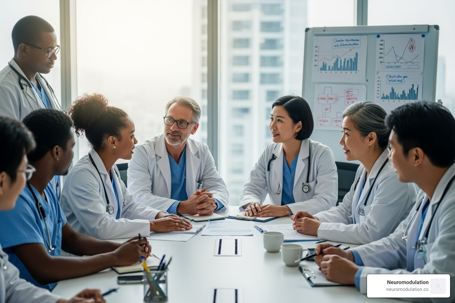 Multidisciplinary medical team in discussion - Deep brain stimulator Multidisciplinary medical team in discussion - Deep brain stimulator