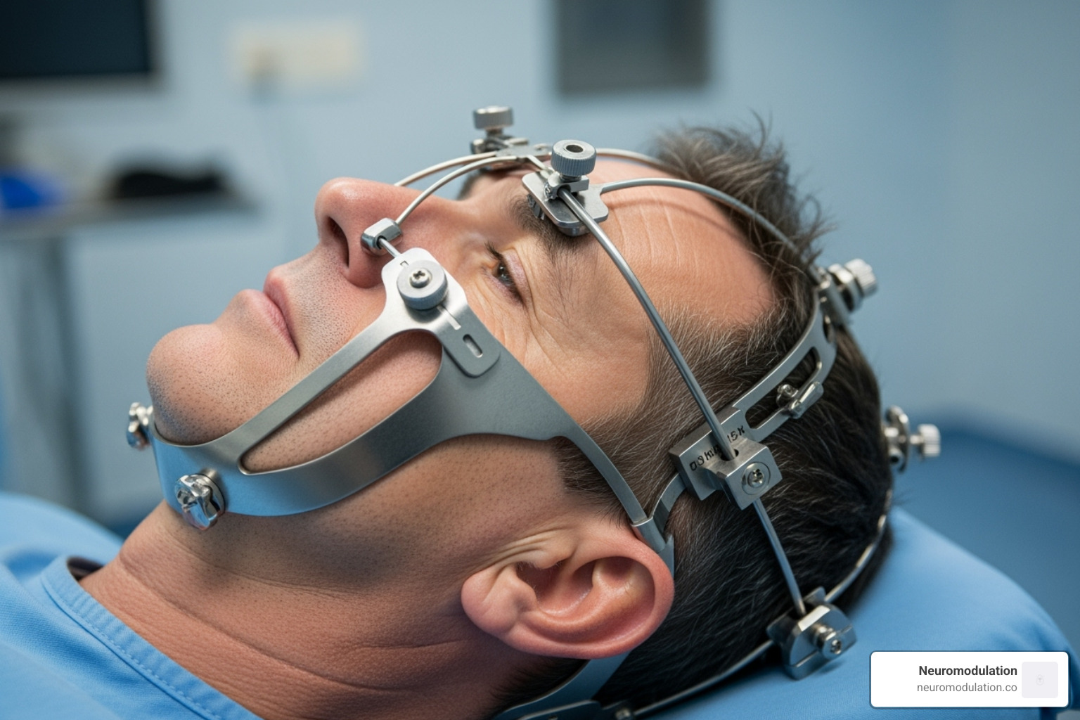 Patient wearing a stereotactic head frame for surgery - Deep brain stimulator Patient wearing a stereotactic head frame for surgery - Deep brain stimulator