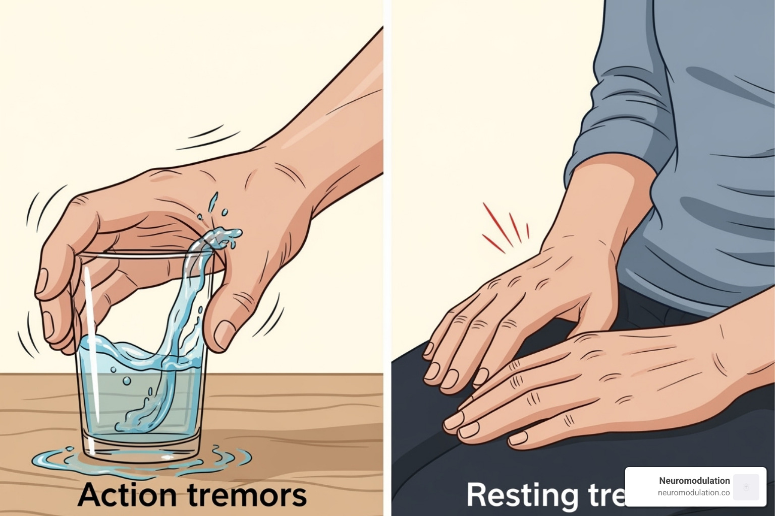 illustration of the difference between an action tremor (spilling water) and a resting tremor (hand shaking in lap) - essential tremor