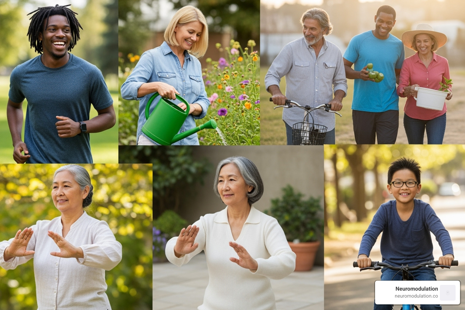 Diverse group of people engaged in active, fulfilling lives, symbolizing improved quality of life through neuromodulation - Benefits of neuromodulation