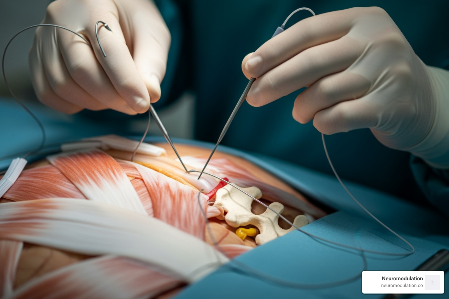 Image showing the placement of leads in the epidural space during spinal cord stimulator implantation - Spinal cord stimulator Image showing the placement of leads in the epidural space during spinal cord stimulator implantation - Spinal cord stimulator
