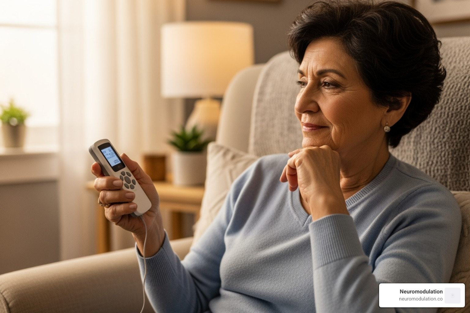 Patient using the SCS remote control to adjust settings - Spinal cord stimulator Patient using the SCS remote control to adjust settings - Spinal cord stimulator