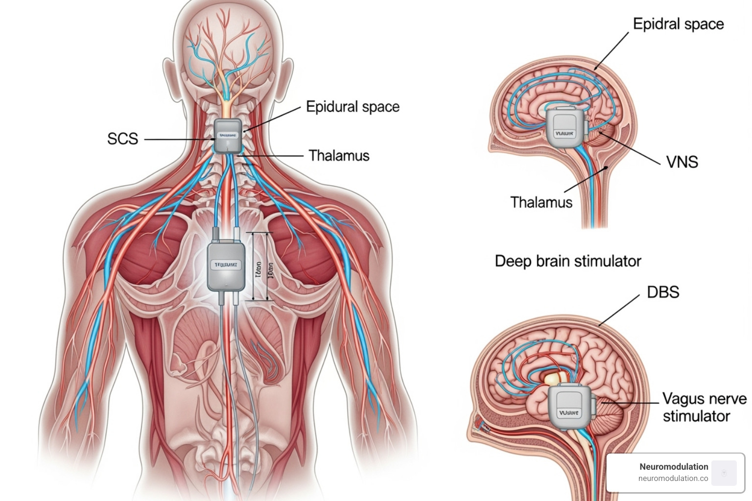 Illustration showing the anatomical placement of different neuromodulation devices, including a spinal cord stimulator (SCS) in the back, a deep brain stimulator (DBS) with leads extending into the brain, and a vagus nerve stimulator (VNS) near the neck - Benefits of neuromodulation