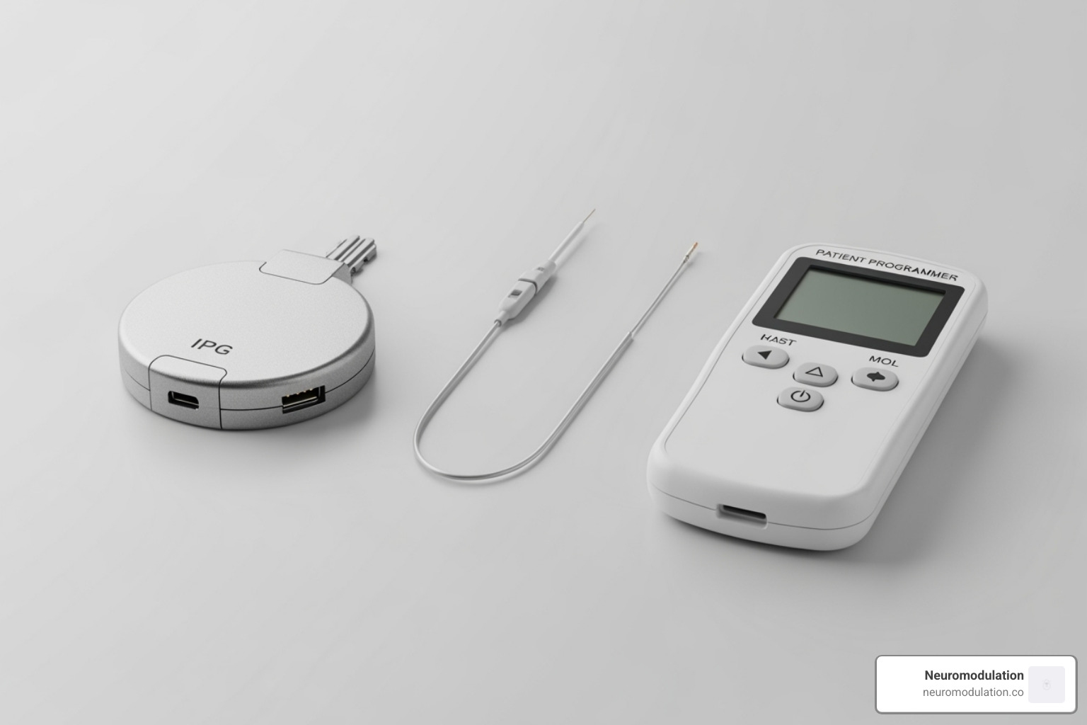 Components of an SNS device: neurostimulator (IPG), lead wire, and patient programmer - sacral nerve stimulation