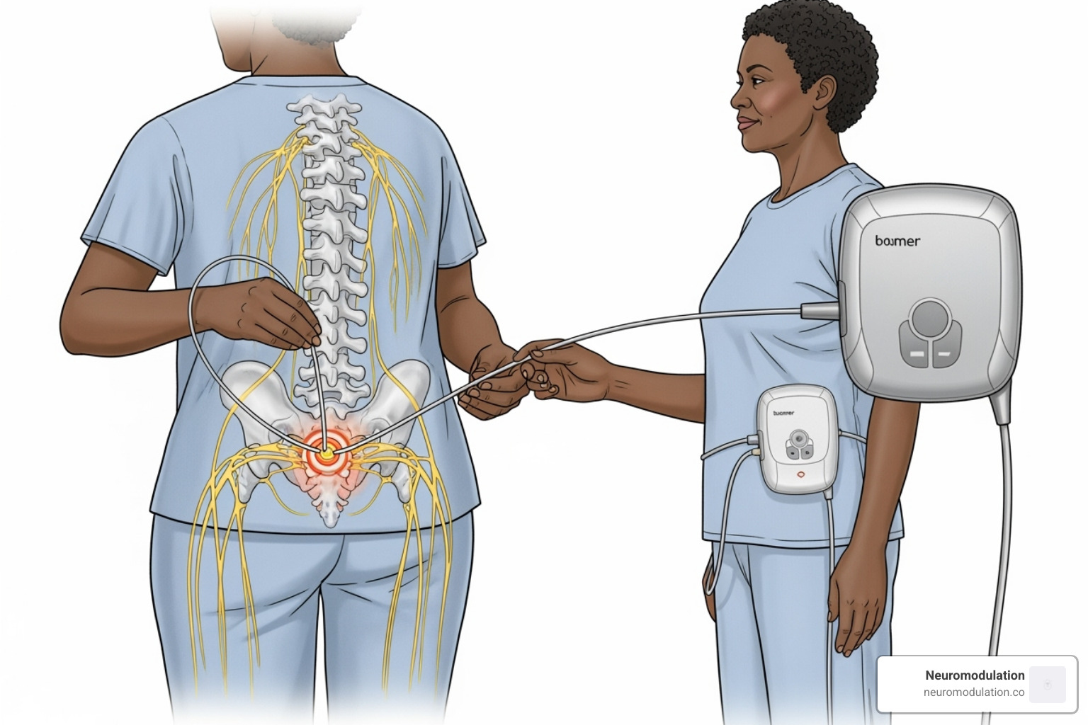 Illustration of a temporary trial lead being placed near the sacral nerves for a test stimulation - sacral nerve stimulation