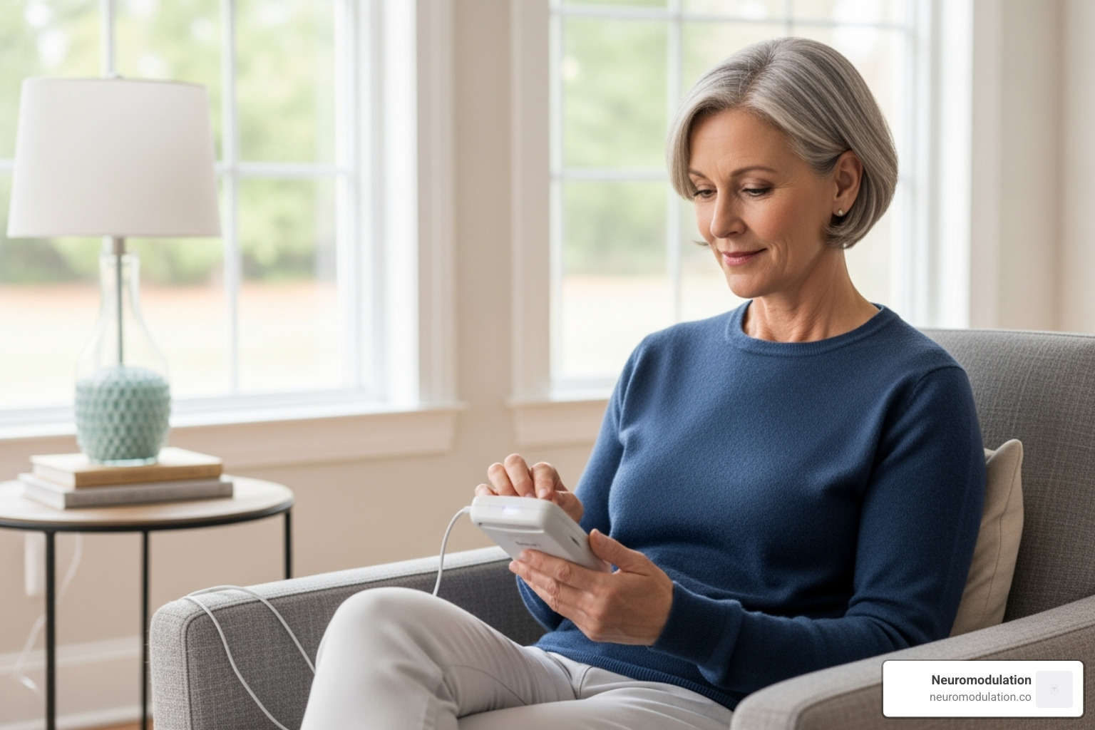 Patient using a remote programmer to adjust their sacral nerve stimulation device - sacral nerve stimulation