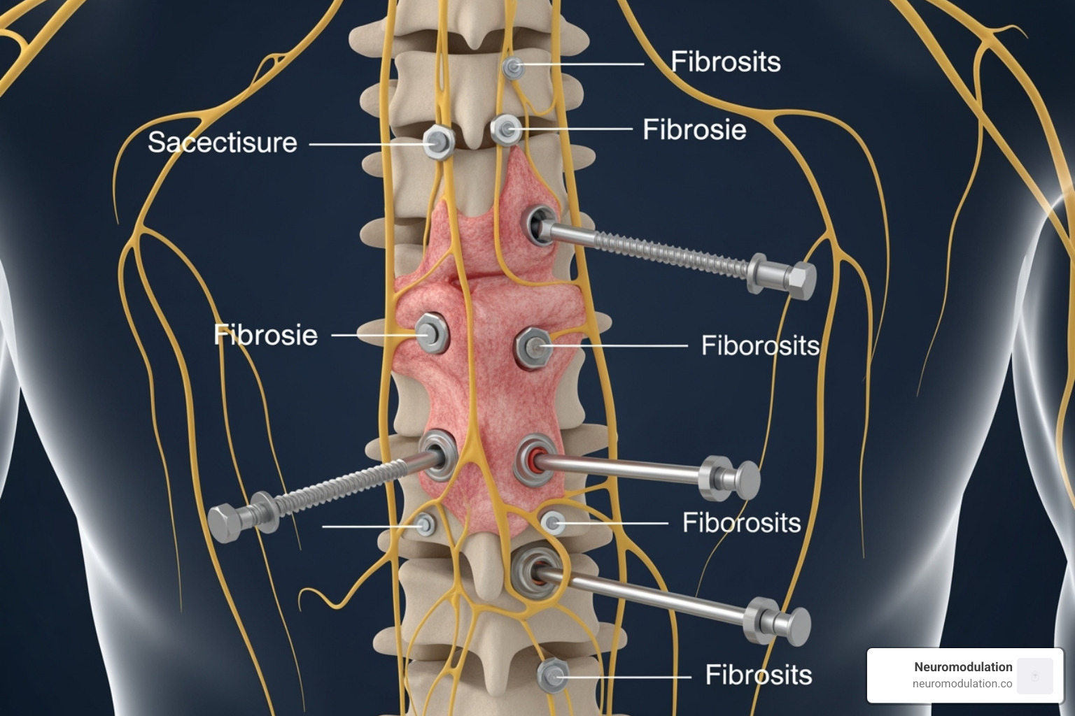 illustration of spinal issues like scar tissue and hardware problems - failed back surgery syndrome (fbss) illustration of spinal issues like scar tissue and hardware problems - failed back surgery syndrome (fbss)