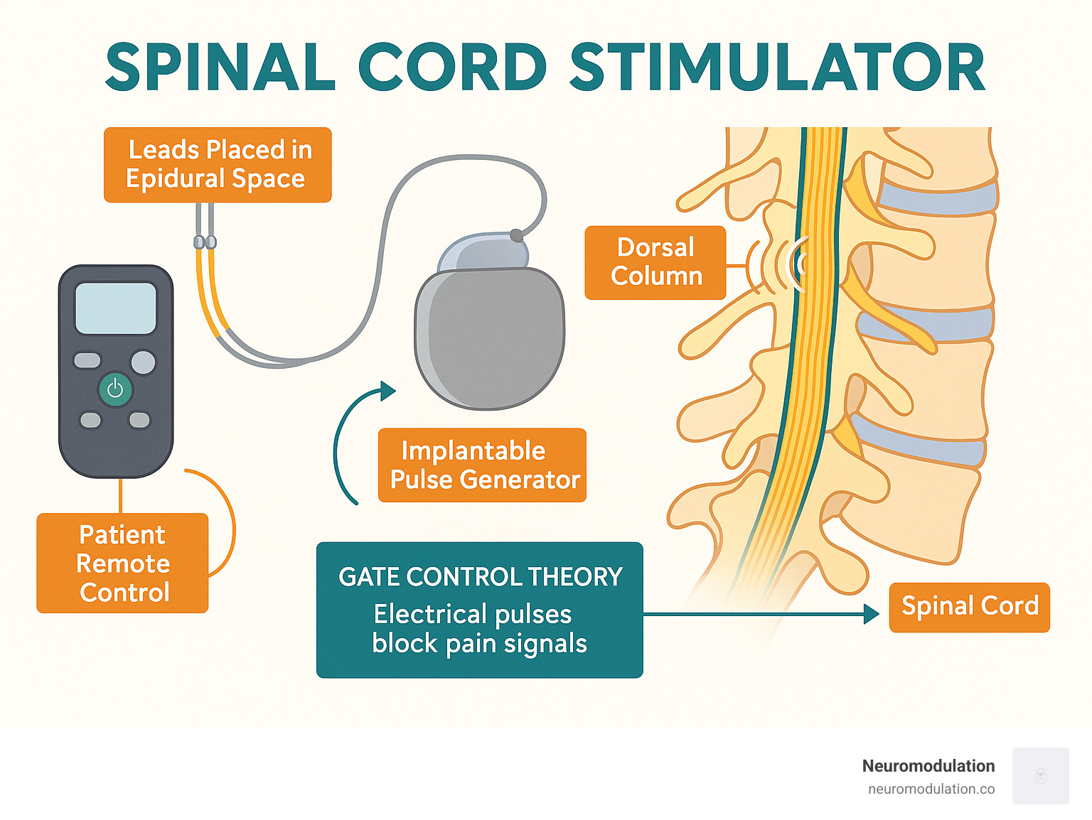 Comprehensive infographic showing spinal cord stimulator components including leads placed in epidural space, implantable pulse generator, and patient remote control, with anatomical diagram of spinal cord and explanation of gate control theory mechanism - Spinal cord stimulator infographic Comprehensive infographic showing spinal cord stimulator components including leads placed in epidural space, implantable pulse generator, and patient remote control, with anatomical diagram of spinal cord and explanation of gate control theory mechanism - Spinal cord stimulator infographic
