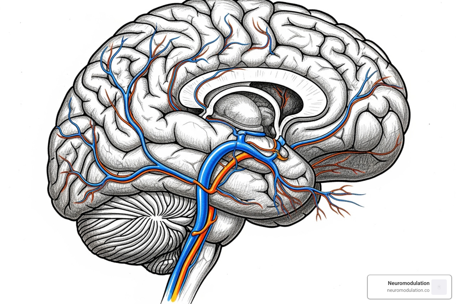 depicting a brain with highlighted areas like the trigeminal nerve and brainstem - migraine