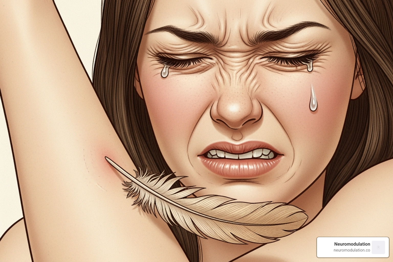Illustration showing the concept of allodynia, such as a feather gently touching skin causing an exaggerated painful reaction from the person's expression - neuropathic pain