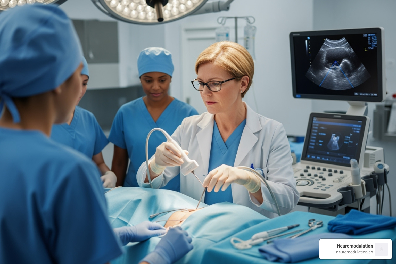 Image of a physician using ultrasound to guide lead placement - Peripheral nerve stimulators Image of a physician using ultrasound to guide lead placement - Peripheral nerve stimulators