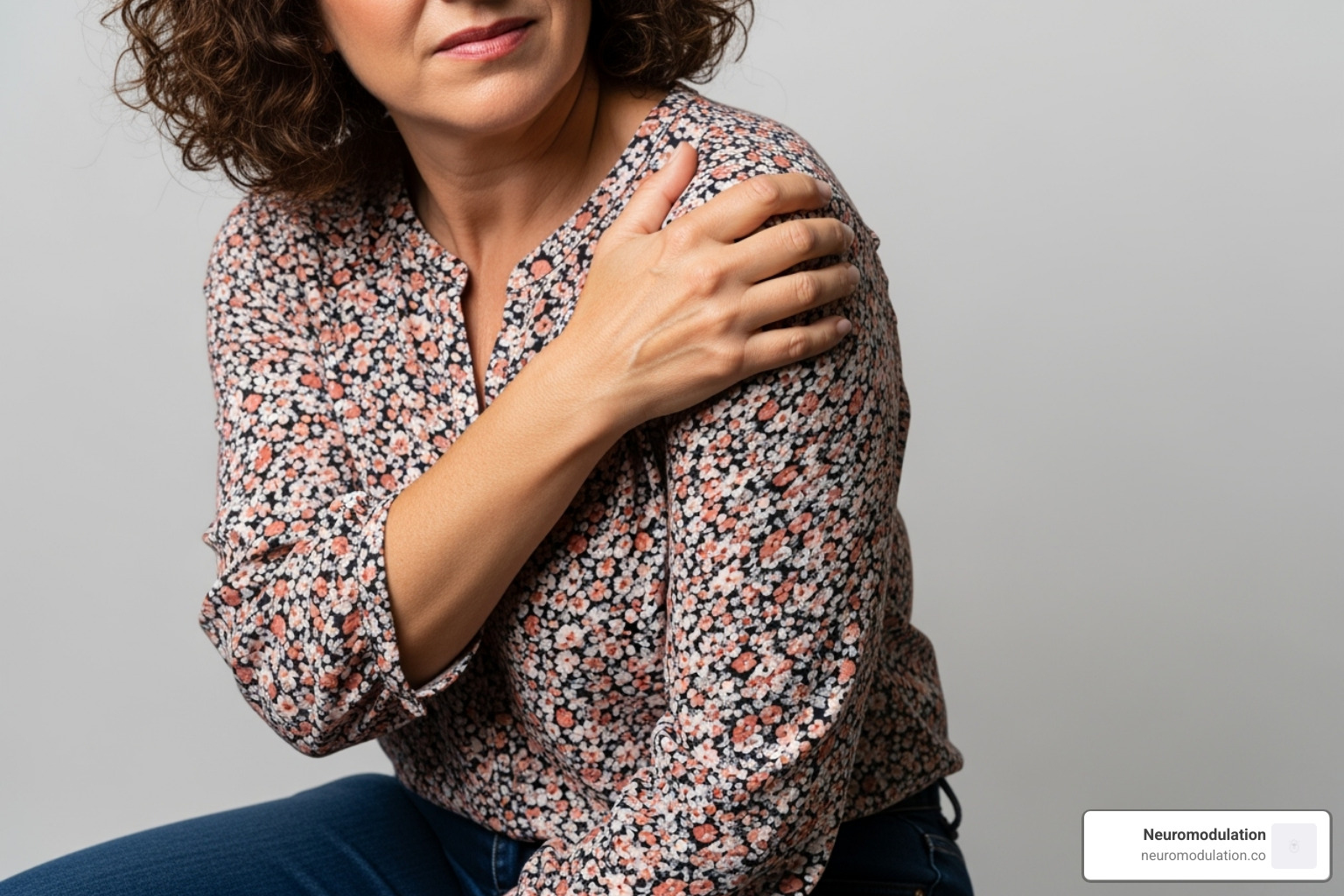 Image of a person pointing to their shoulder, indicating a common pain area - Peripheral nerve stimulators Image of a person pointing to their shoulder, indicating a common pain area - Peripheral nerve stimulators