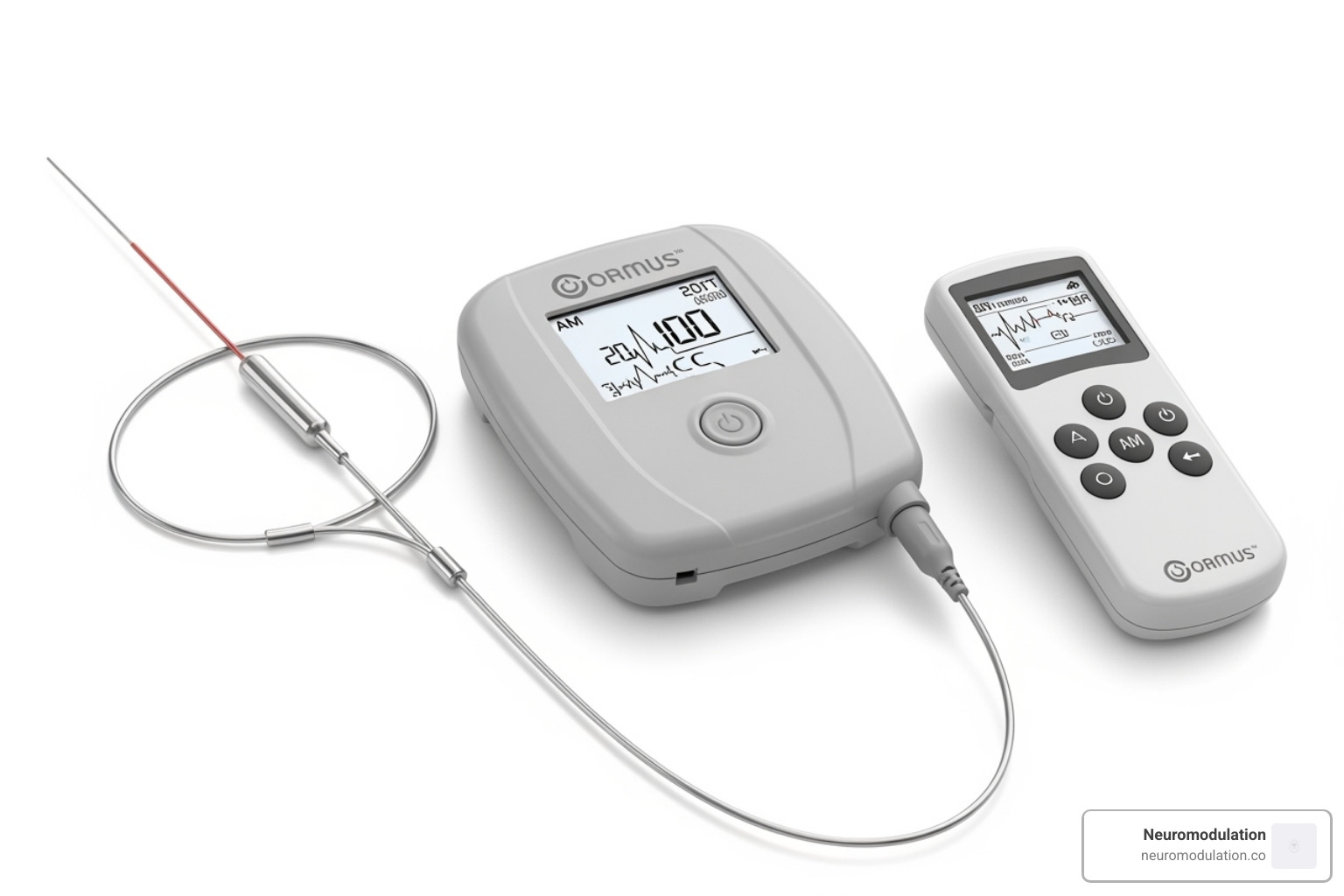 Showing different components of a PNS system (lead, external transmitter, remote) - Peripheral nerve stimulators Showing different components of a PNS system (lead, external transmitter, remote) - Peripheral nerve stimulators