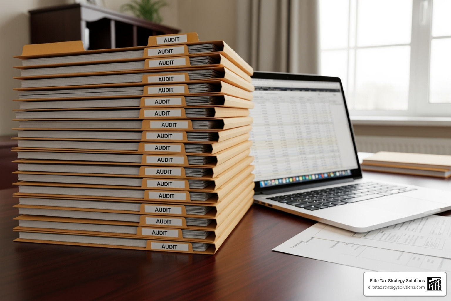 Neatly organized financial documents in folders and on a laptop, representing preparedness for an audit. - Business tax audits Neatly organized financial documents in folders and on a laptop, representing preparedness for an audit. - Business tax audits