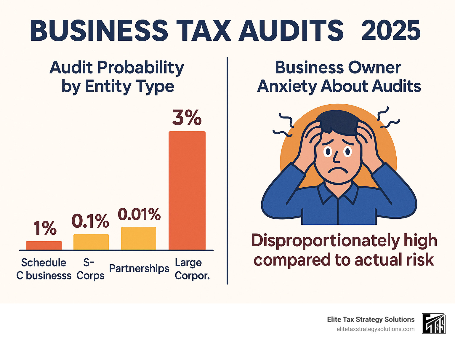 Infographic showing business tax audit probability by entity type: Schedule C businesses 1%, S-Corporations 0.1%, Partnerships 0.01%, Large Corporations 3%, alongside common business owner anxiety levels about audits which are disproportionately high compared to actual risk - Business tax audits infographic Infographic showing business tax audit probability by entity type: Schedule C businesses 1%, S-Corporations 0.1%, Partnerships 0.01%, Large Corporations 3%, alongside common business owner anxiety levels about audits which are disproportionately high compared to actual risk - Business tax audits infographic