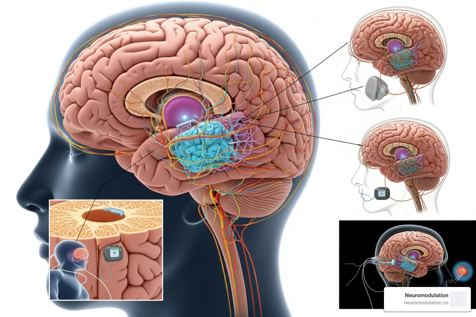 A vibrant image showing the human brain with the motor cortex highlighted, overlaid with arrows indicating descending pain pathways and areas of neural modulation. - motor cortex stimulation