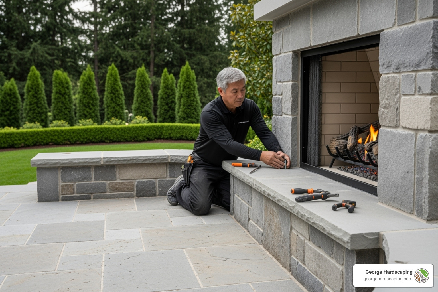 A professional installer working on a gas fireplace installation into a stone patio structure, showing proper safety equipment and precise placement of gas lines and connections