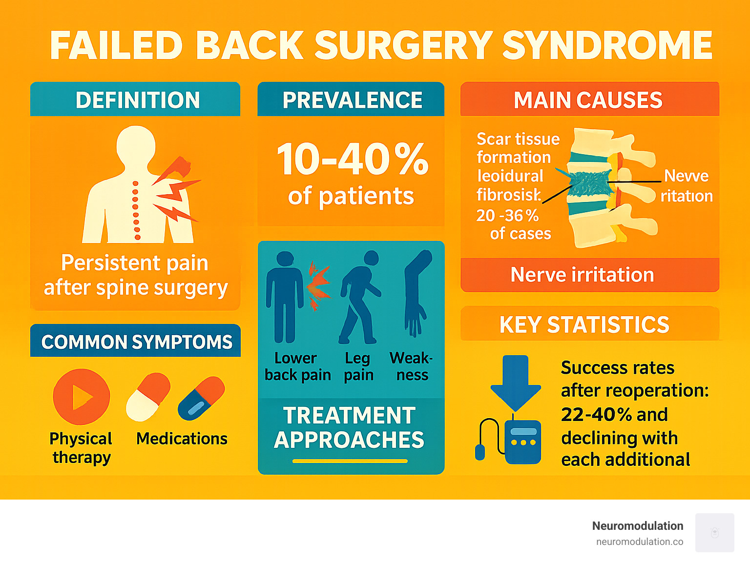Comprehensive overview of Failed Back Surgery Syndrome showing definition as persistent pain after spine surgery, prevalence of 10-40% of patients, main causes including scar tissue formation epidural fibrosis affecting 20-36% of cases and nerve irritation, common symptoms of lower back pain leg pain numbness and weakness, treatment approaches including physical therapy medications and neuromodulation, and key statistics showing success rates after reoperation ranging from 22-40% and declining with each additional procedure - failed back surgery syndrome (fbss) infographic Comprehensive overview of Failed Back Surgery Syndrome showing definition as persistent pain after spine surgery, prevalence of 10-40% of patients, main causes including scar tissue formation epidural fibrosis affecting 20-36% of cases and nerve irritation, common symptoms of lower back pain leg pain numbness and weakness, treatment approaches including physical therapy medications and neuromodulation, and key statistics showing success rates after reoperation ranging from 22-40% and declining with each additional procedure - failed back surgery syndrome (fbss) infographic