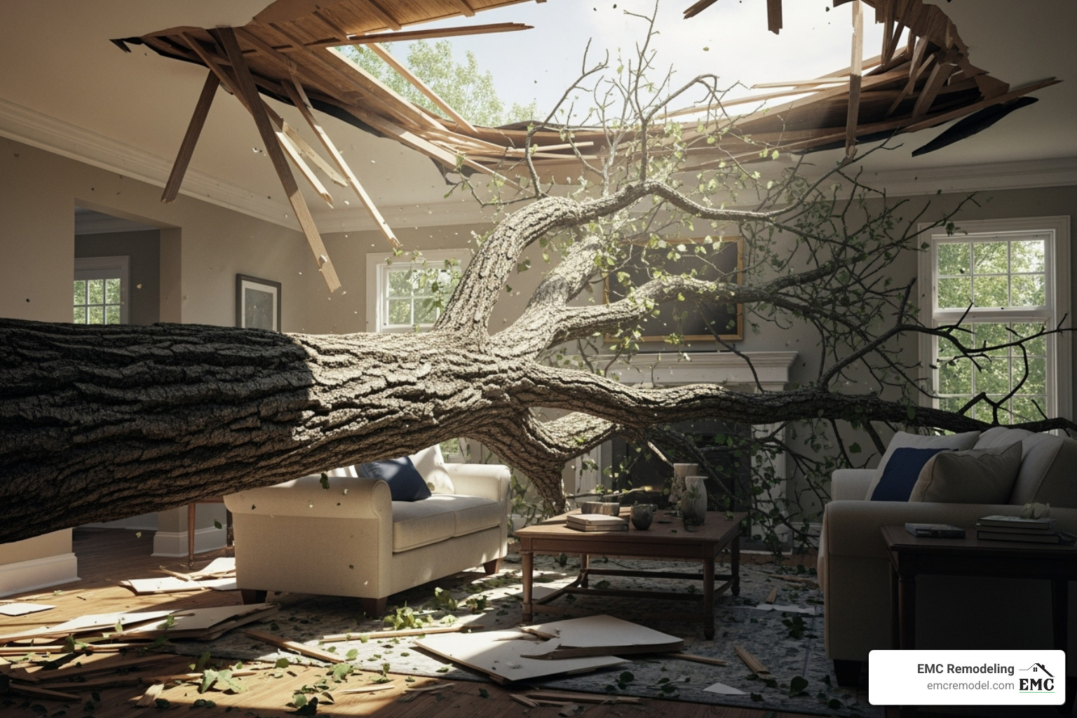 tree branch through roof - emergency roofing near me