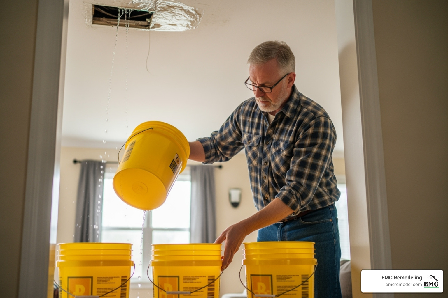 homeowner placing buckets under ceiling leak - emergency roofing near me