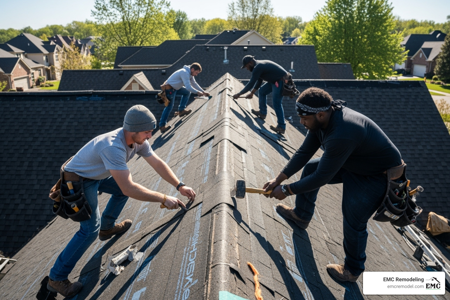 roofing crew working on roof - emergency roofing near me