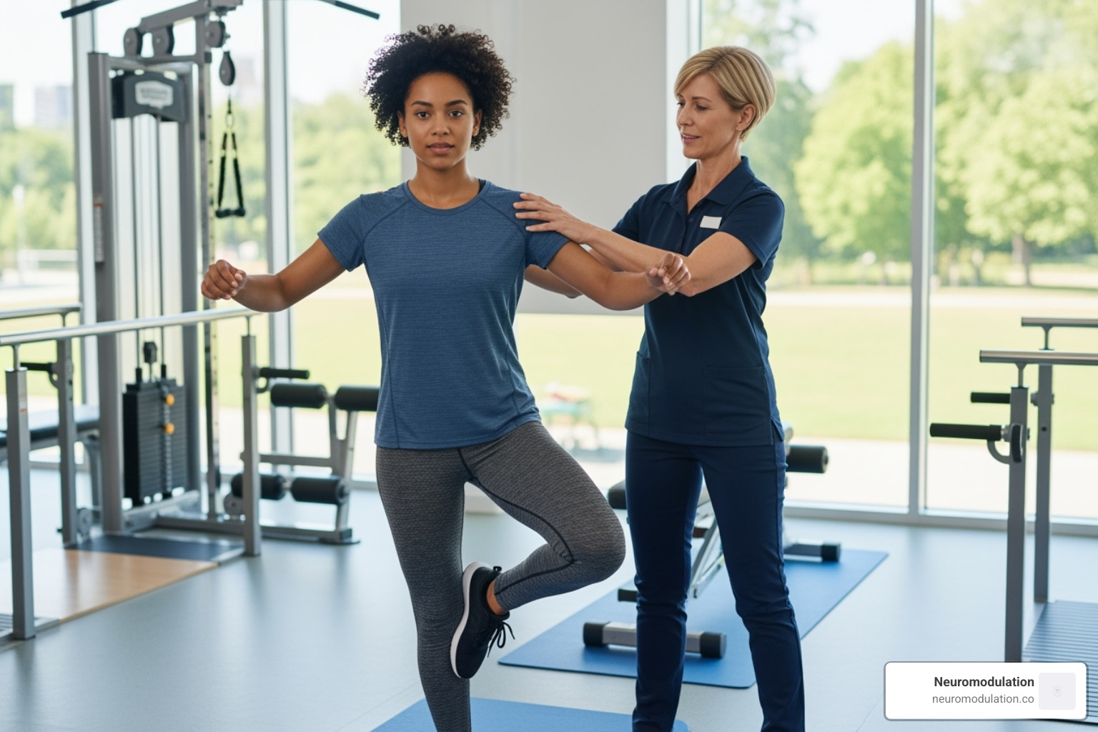 Patient working with a physical therapist on balance exercises to retrain brain function - Functional neurological disorder Patient working with a physical therapist on balance exercises to retrain brain function - Functional neurological disorder