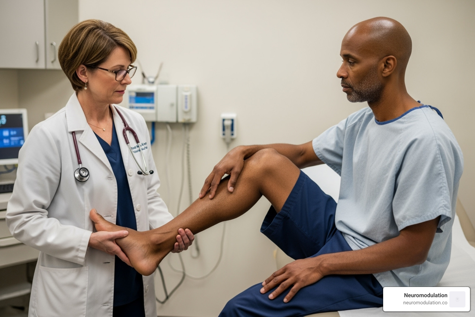 Neurologist performing Hoover's sign examination on a patient - Functional neurological disorder Neurologist performing Hoover's sign examination on a patient - Functional neurological disorder