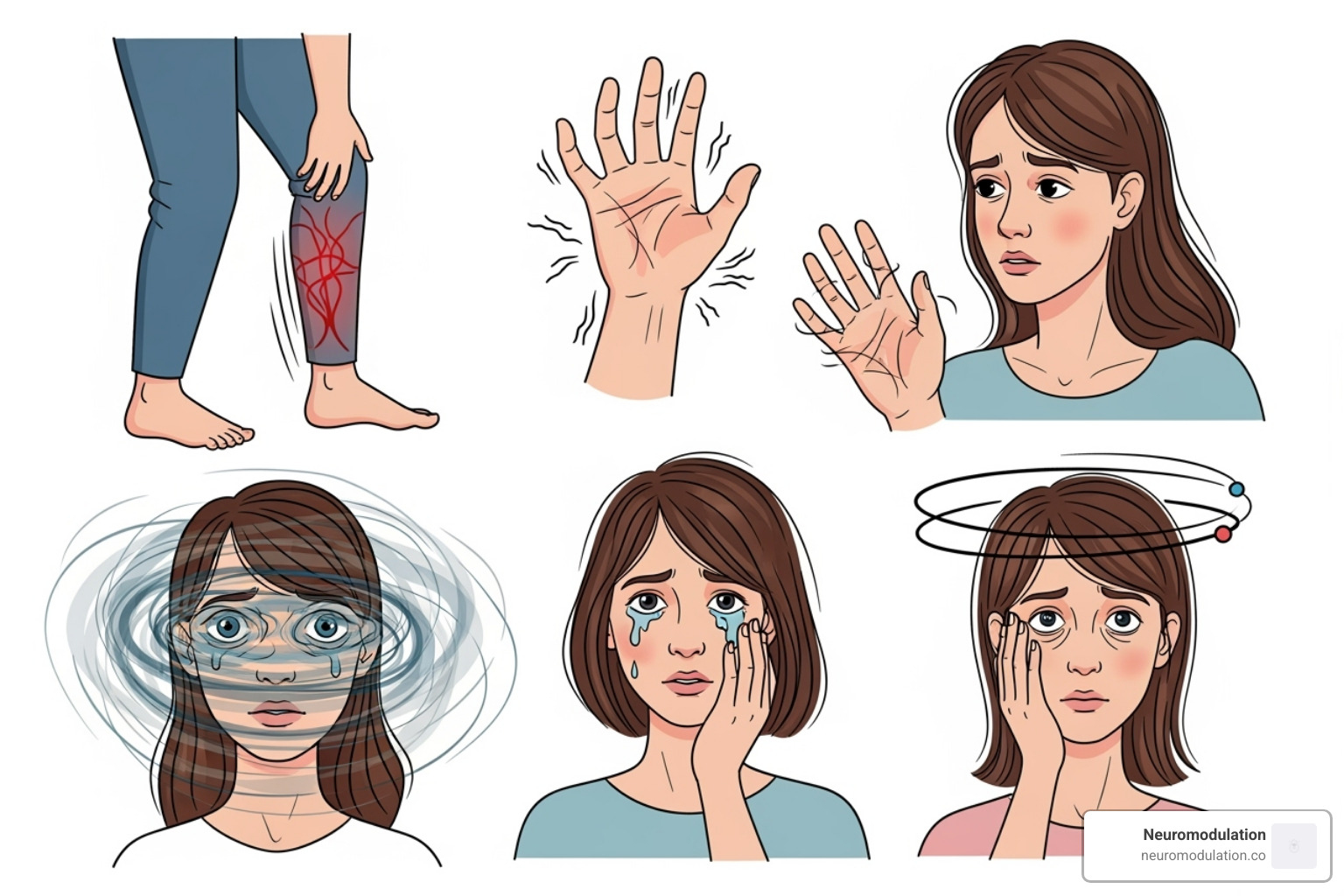 Illustration of various FND symptoms affecting different body parts, such as a leg experiencing weakness, a hand with tremors, a person with blurred vision, and someone experiencing dizziness - Functional neurological disorder Illustration of various FND symptoms affecting different body parts, such as a leg experiencing weakness, a hand with tremors, a person with blurred vision, and someone experiencing dizziness - Functional neurological disorder