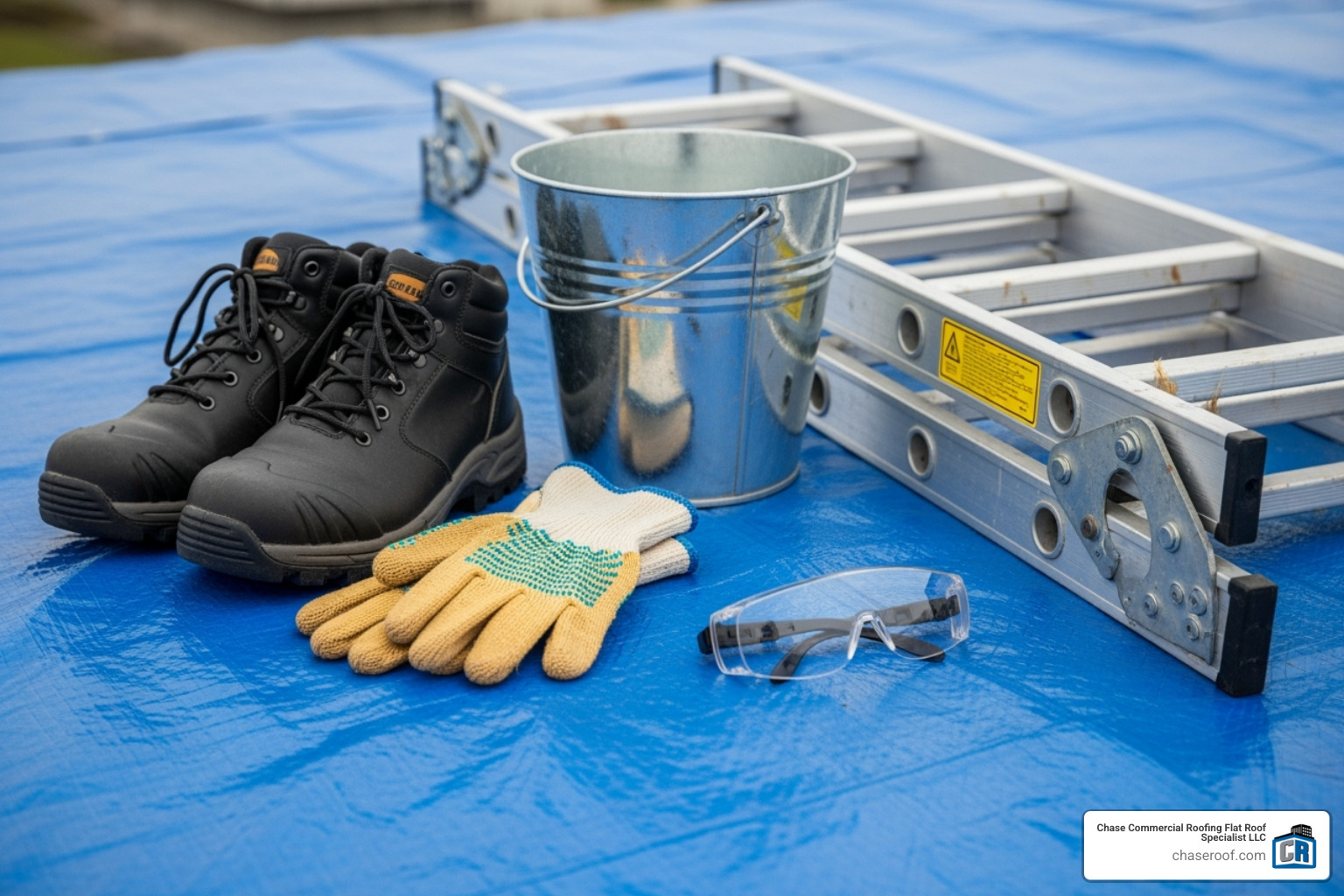 essential safety gear and cleaning tools laid out on a tarp - flat roof drain cleaning