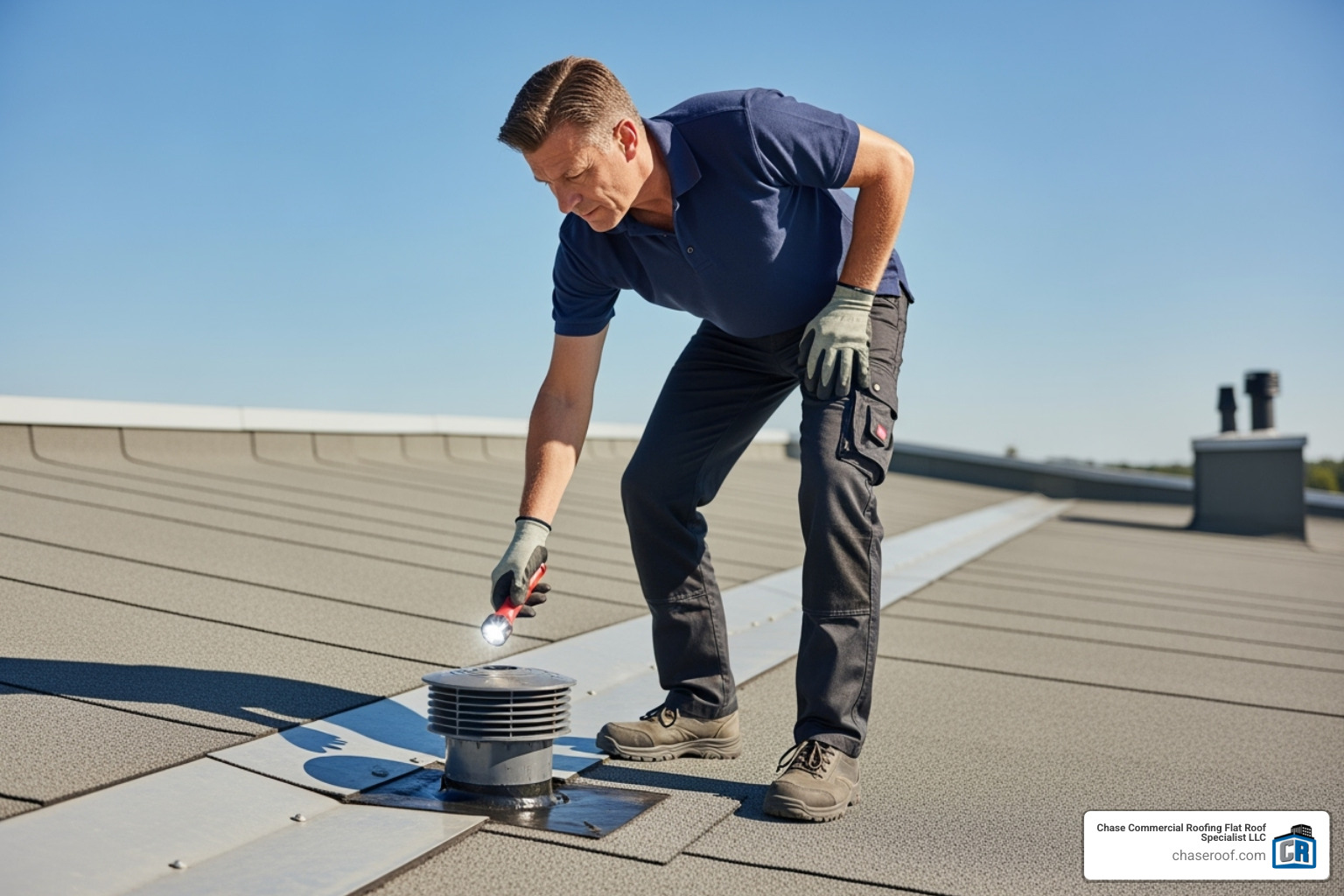person safely inspecting a roof drain with a flashlight - flat roof drain cleaning