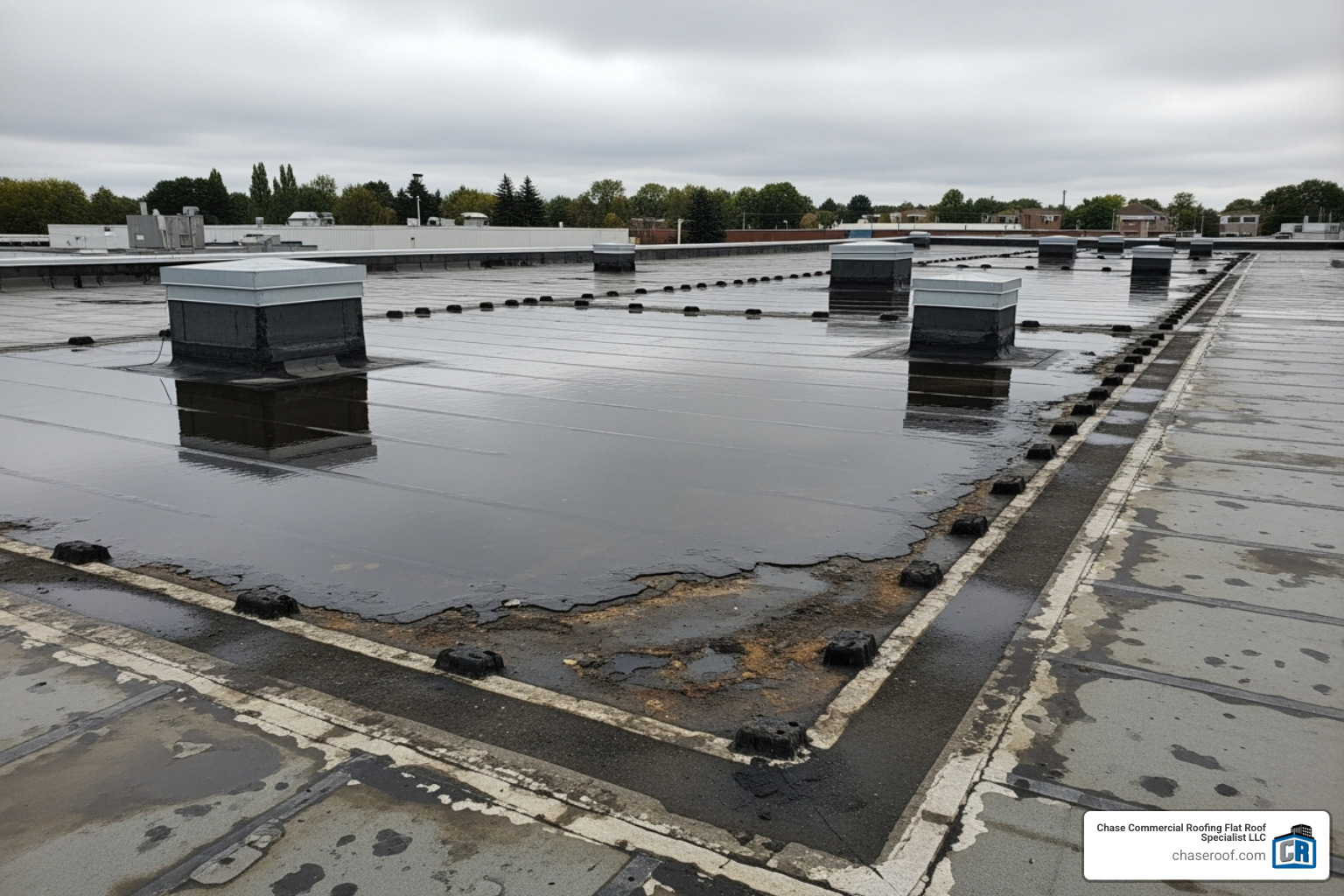 flat roof with significant ponding water and damage - flat roof drain cleaning