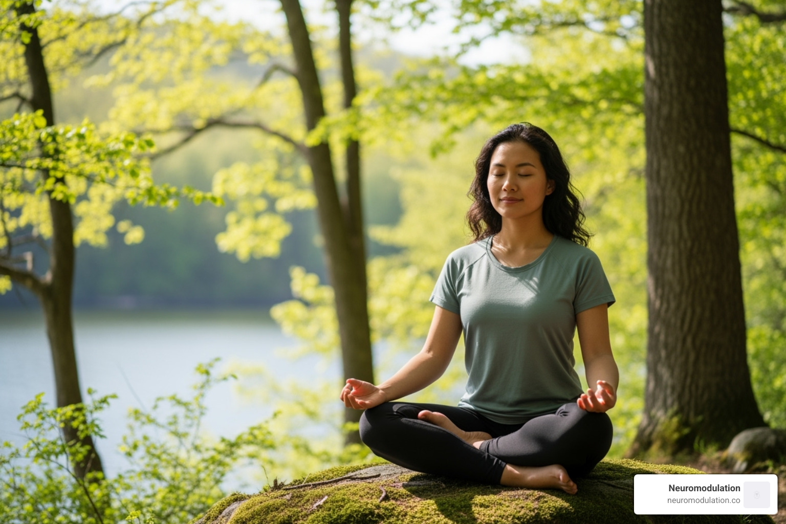 A person meditating peacefully in a serene natural setting, symbolizing inner peace and healing. - ptsd