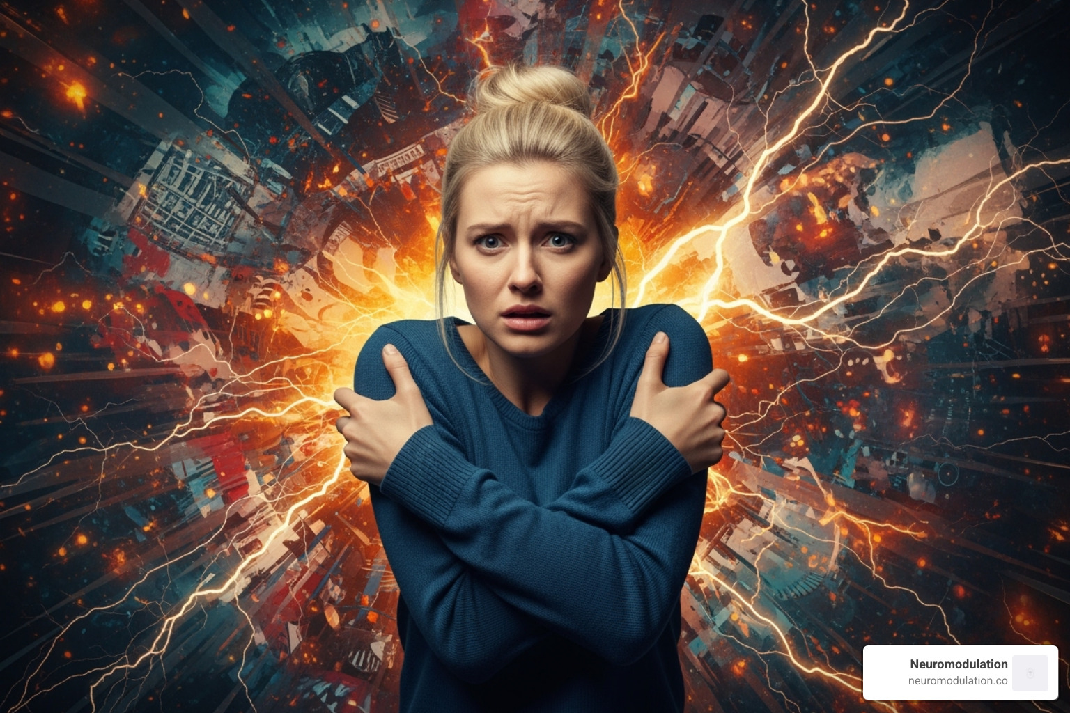 A person experiencing overwhelming emotions, with a chaotic background representing intrusive thoughts and anxiety. - ptsd