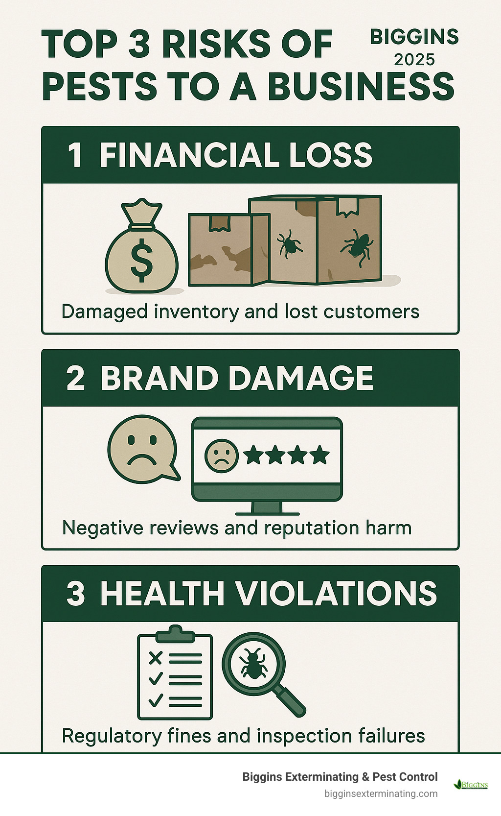 Infographic showing the top 3 risks of pests to a business: financial loss from damaged inventory and lost customers, brand damage from negative reviews and reputation harm, and health violations from regulatory fines and inspection failures - commercial exterminating companies infographic 