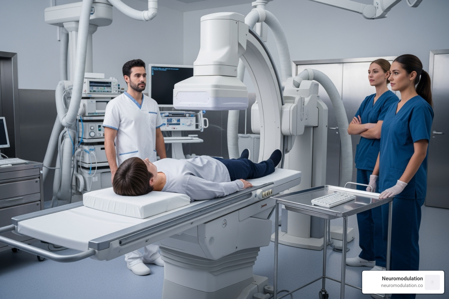 Patient undergoing pulsed radiofrequency ablation under fluoroscopy