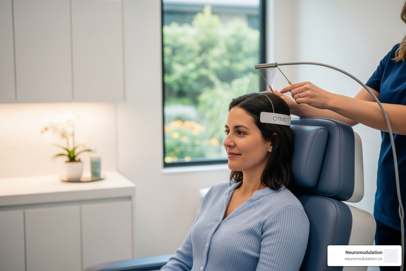 Patient comfortably seated in a TMS chair during a session - transcranial magnetic stimulation (tms)