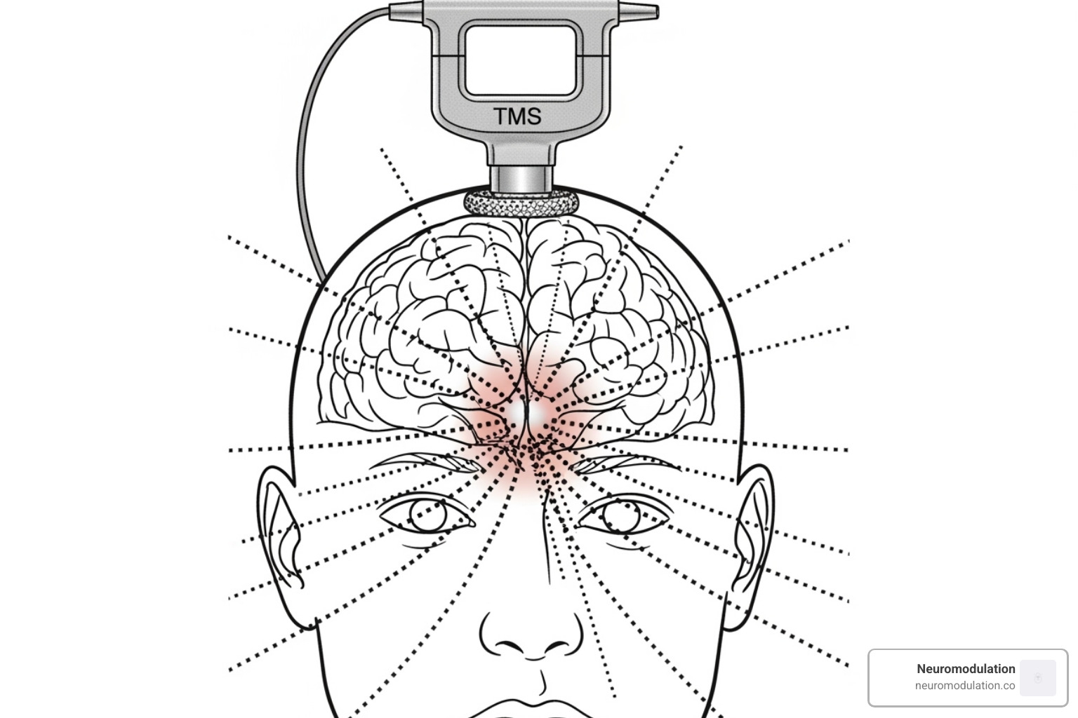 TMS coil generating a magnetic field over a brain diagram - transcranial magnetic stimulation (tms)