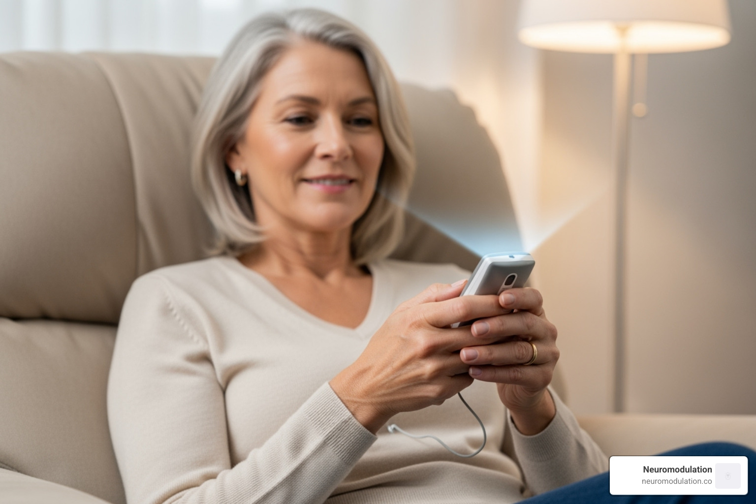 Image of a patient using the remote control for their SCS device - spinal cord stimulation (scs)
