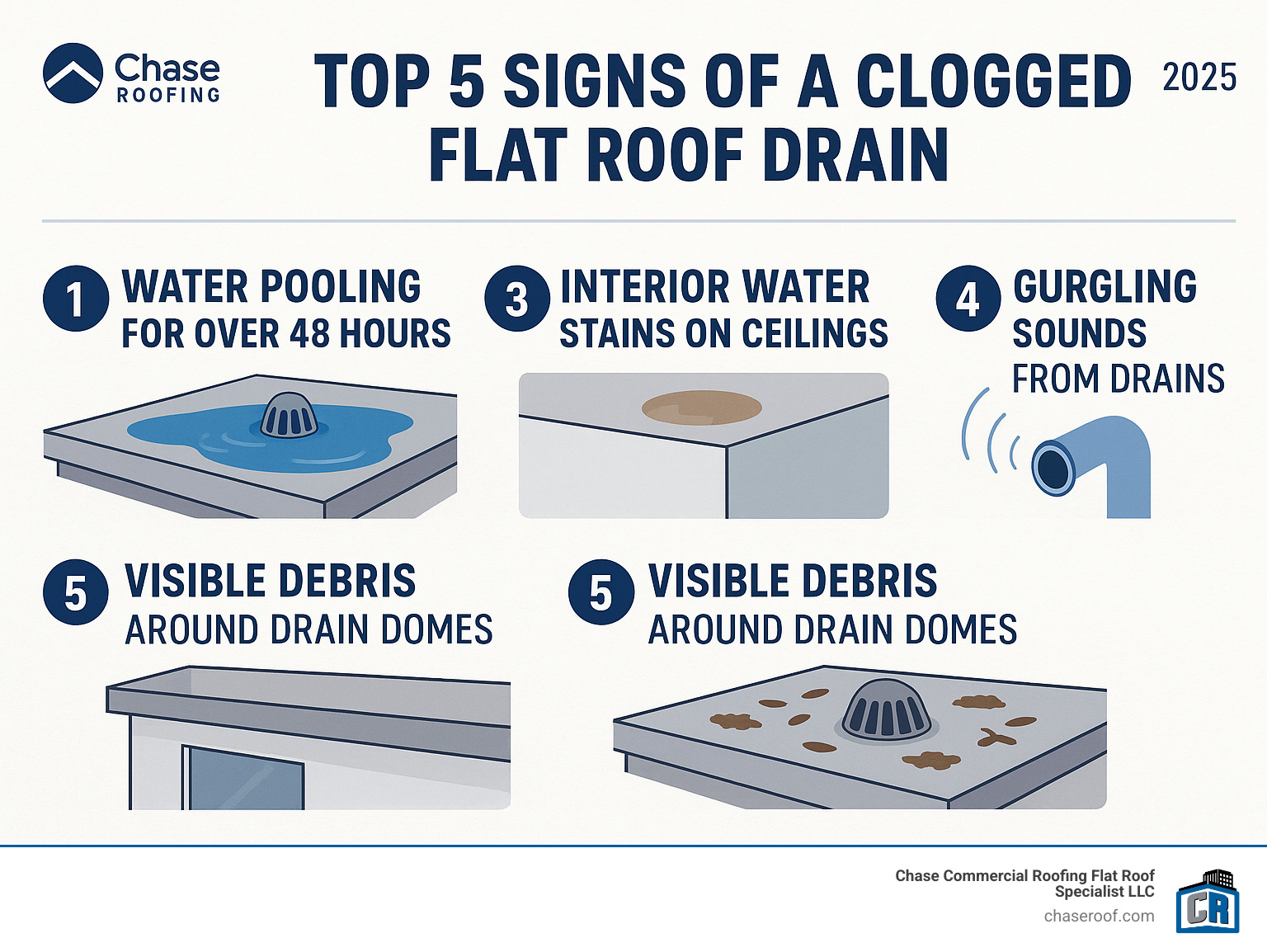 Infographic showing the top 5 signs of a clogged flat roof drain: water pooling for over 48 hours, overflowing gutters, interior water stains on ceilings, gurgling sounds from drains, and visible debris around drain domes - flat roof drain cleaning infographic 