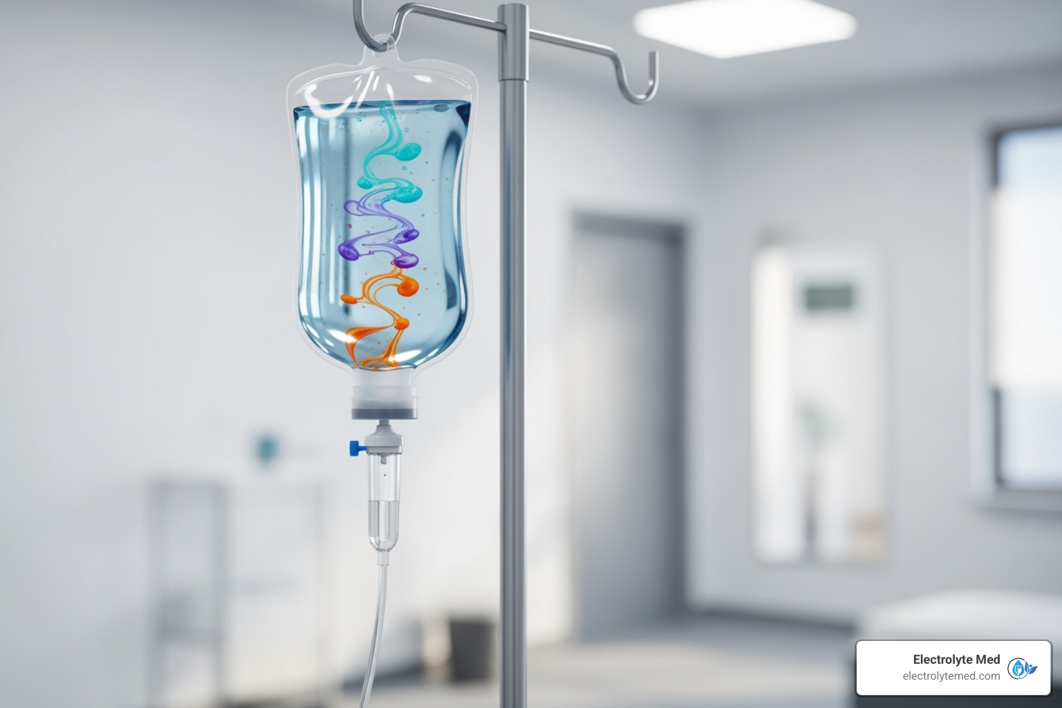 IV bag with labels pointing to different vitamins and minerals - myers cocktail iv
