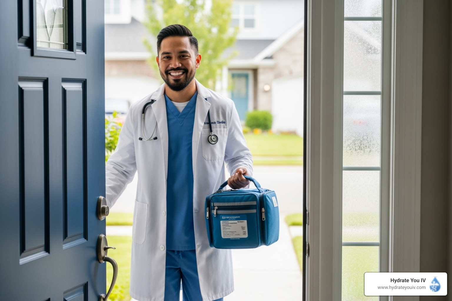 A friendly nurse from Hydrate You IV arriving at a client's front door with a professional medical kit, ready to administer mobile IV therapy - hangover iv okc