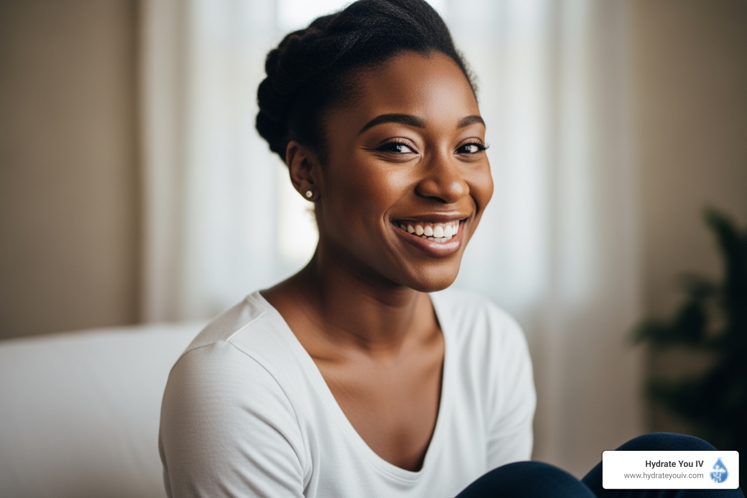 A person looking visibly refreshed and smiling, with a subtle glow, after their IV therapy session, indicating quick and effective recovery - hangover iv okc