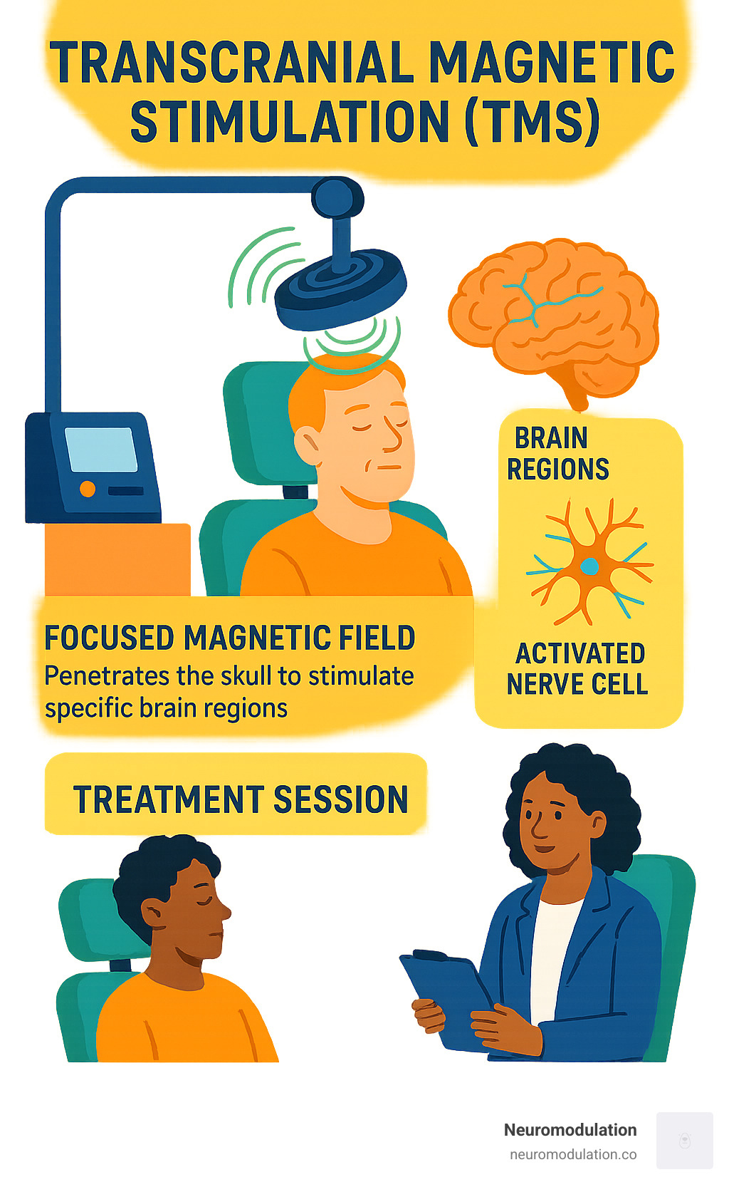 Comprehensive infographic showing TMS mechanism: magnetic coil positioned over patient's head generating focused magnetic field that penetrates skull to stimulate specific brain regions, with visual representation of nerve cell activation and treatment session setup - transcranial magnetic stimulation (tms) infographic 
