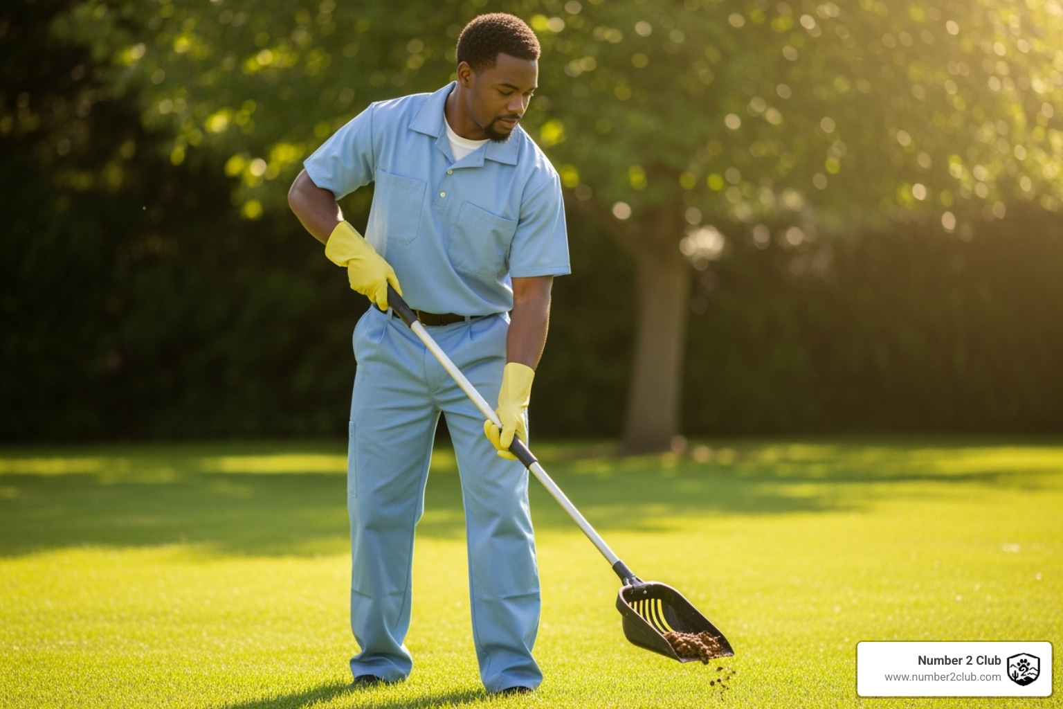 A professional dog poop cleaning technician in uniform, wearing gloves, scooping waste from a green lawn with a long-handled scooper - dog poop cleaning company