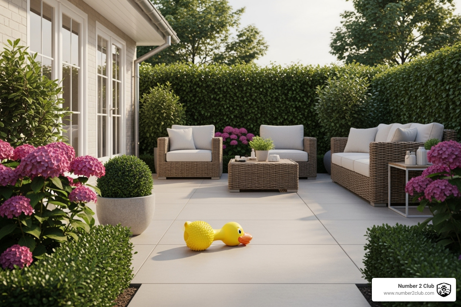 A clean, deodorized patio with a dog toy, suggesting a well-maintained backyard - dog poop cleaning company