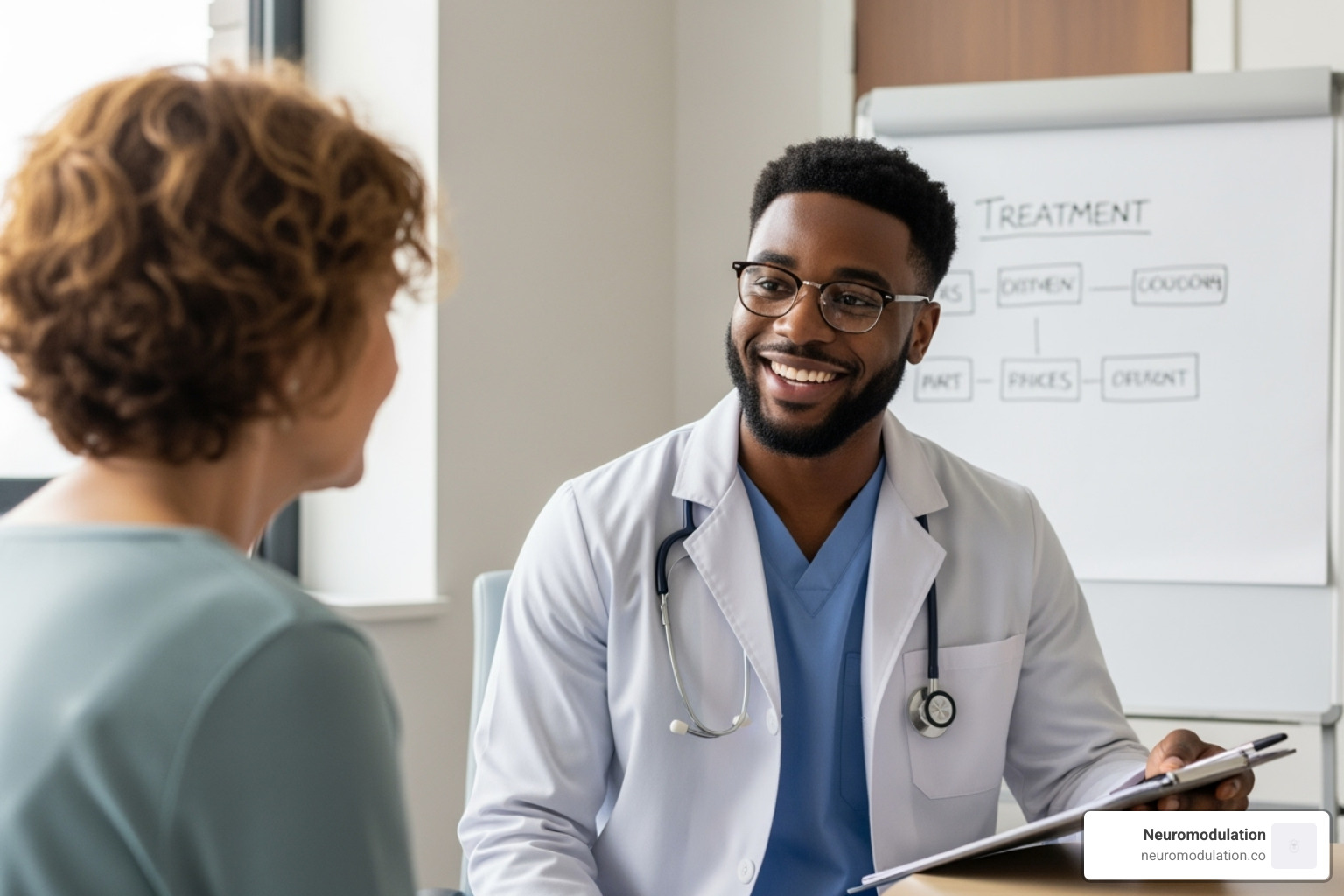 A caring doctor compassionately discussing treatment options with a patient, emphasizing empathy and understanding - urinary incontinence
