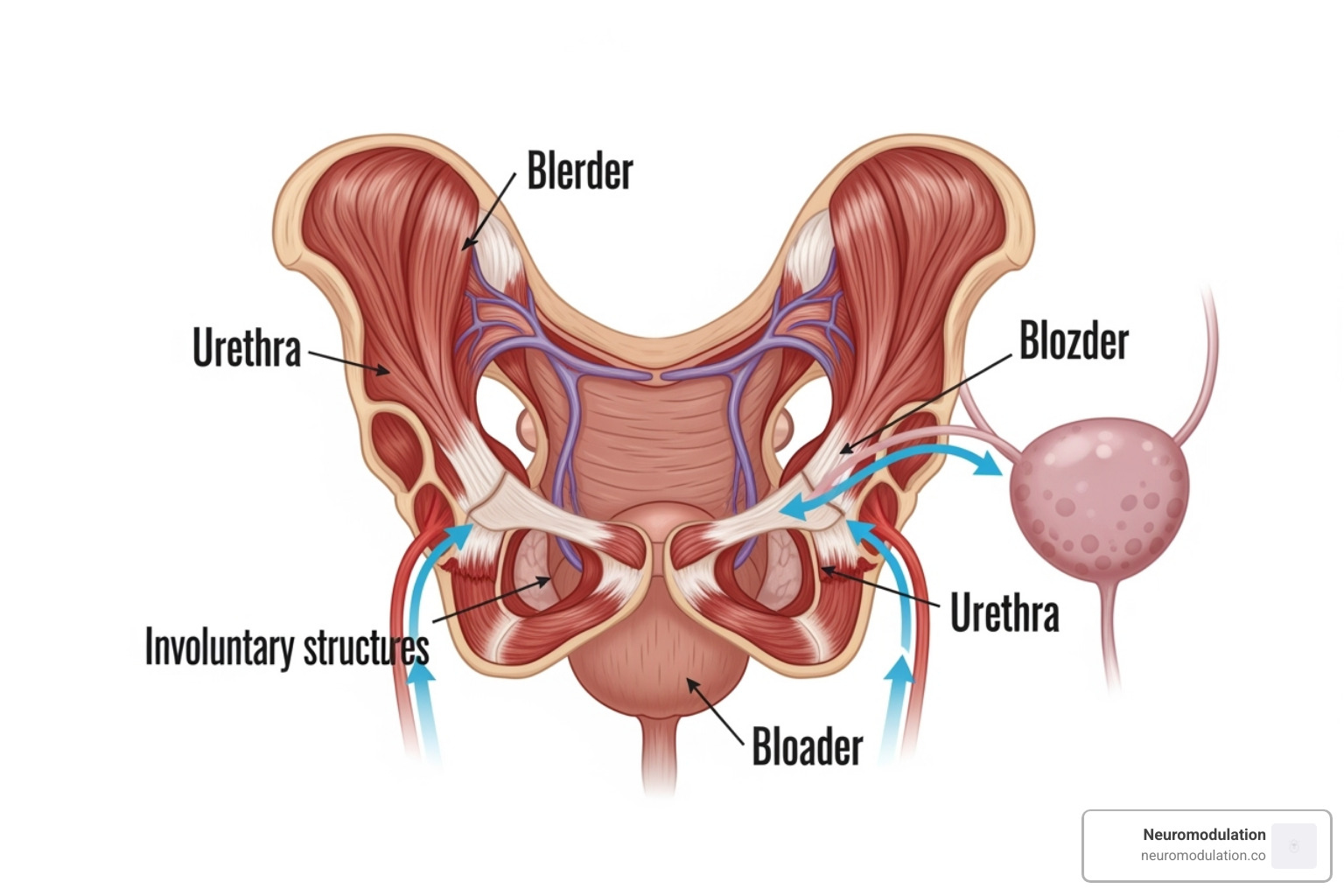 Cross-section diagram illustrating the anatomy of both the male and female urinary systems, including the bladder, urethra, pelvic floor muscles, and associated nerves - urinary incontinence