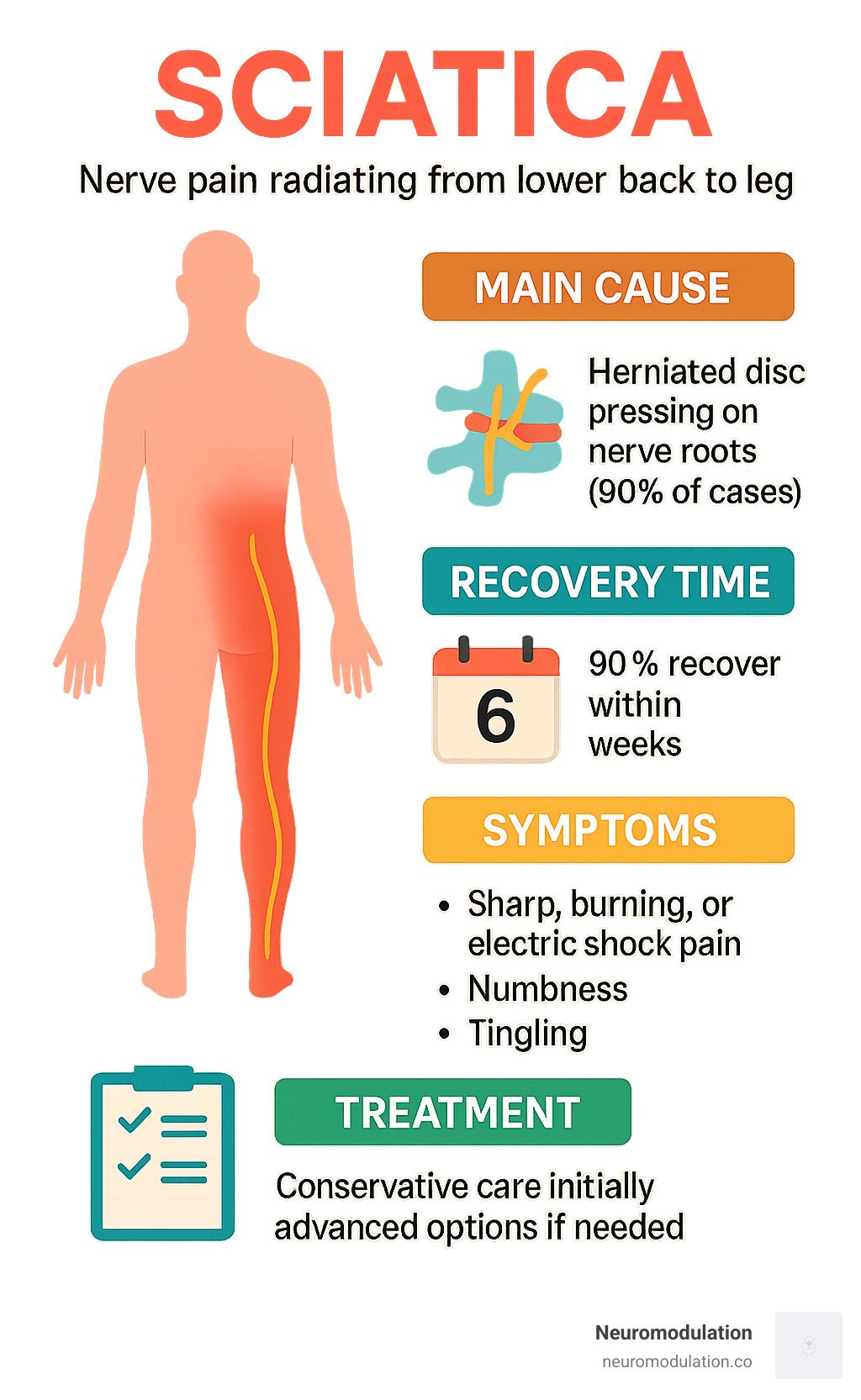 Comprehensive infographic showing sciatica definition as nerve pain radiating from lower back to leg, main cause being herniated disc compressing nerve roots accounting for 90% of cases, typical recovery timeline of 6 weeks for 90% of patients, common symptoms including sharp burning electric shock pain numbness and tingling, and treatment approach starting with conservative care progressing to advanced options if needed - sciatica infographic 