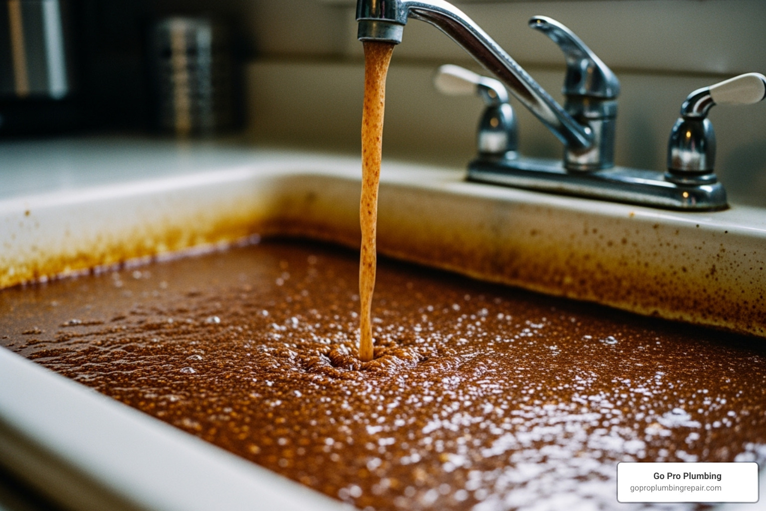 discolored, rusty water running from a faucet - rent to own water heater