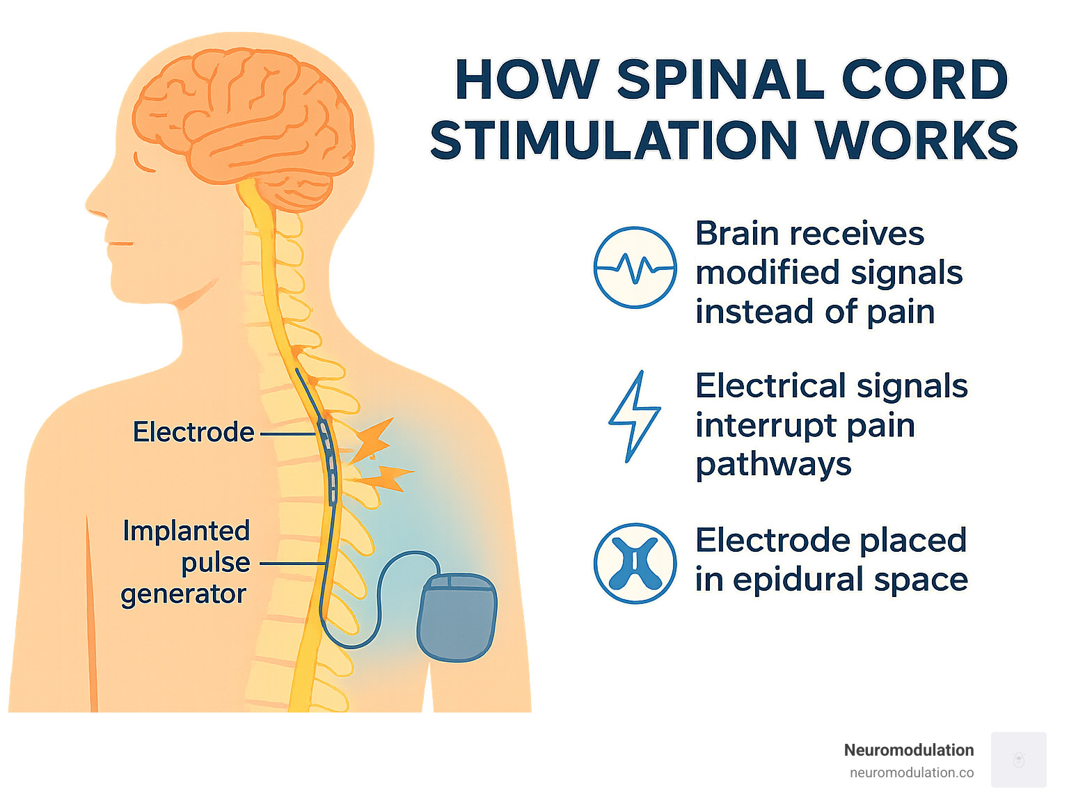 Comprehensive infographic showing how spinal cord stimulation works: depicts the spinal cord anatomy, electrode placement in epidural space, electrical signals interrupting pain pathways, and the brain receiving modified signals instead of pain - spinal cord stimulation (scs) infographic 